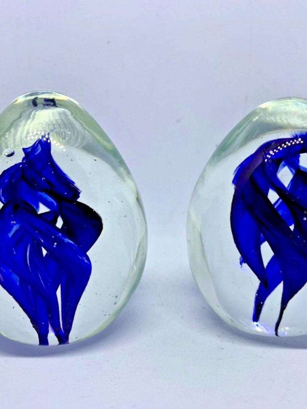 Beautiful! Pair of Cobalt Blue & Clear Swirls Heavy Glass Egg Paperweight ~3"T